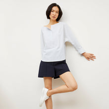 Image of a woman wearing the Chiara Top in Blue / Ivory | Lead