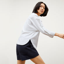 Image of a woman wearing the Chiara Top in Blue / Ivory