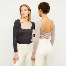 Front image of a woman wearing the Meg Top in Cool Onyx