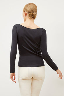 Back image of a woman wearing the Meg Top in Cool Onyx | Exclude