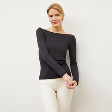 Front image of a woman wearing the Meg Top in Cool Onyx