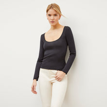 Front image of a woman wearing the Meg Top in Cool Onyx | Lead