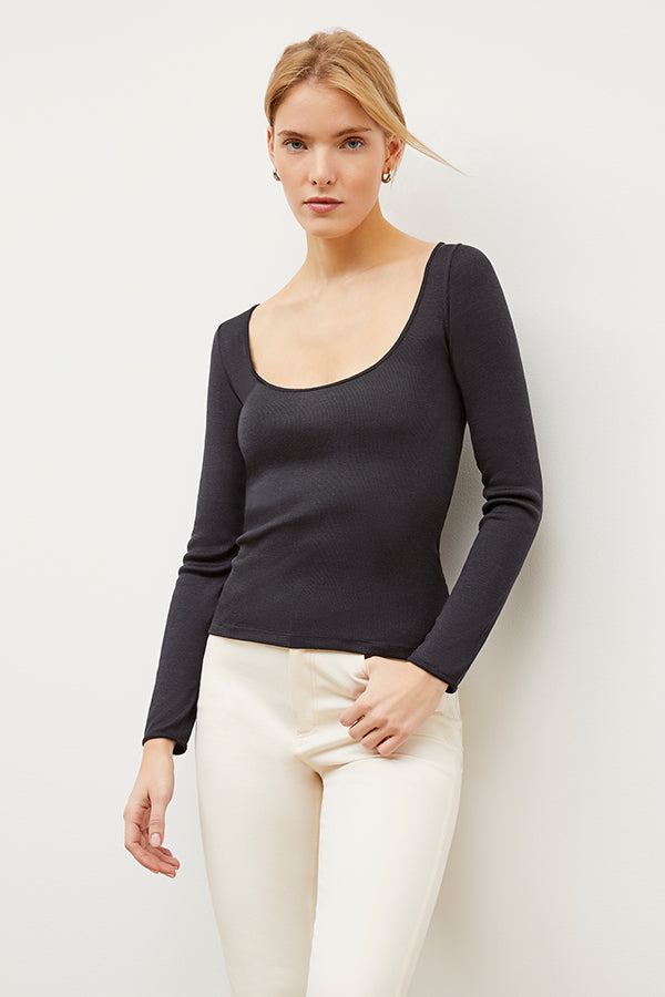 Front image of a woman wearing the Meg Top in Cool Onyx | Exclude