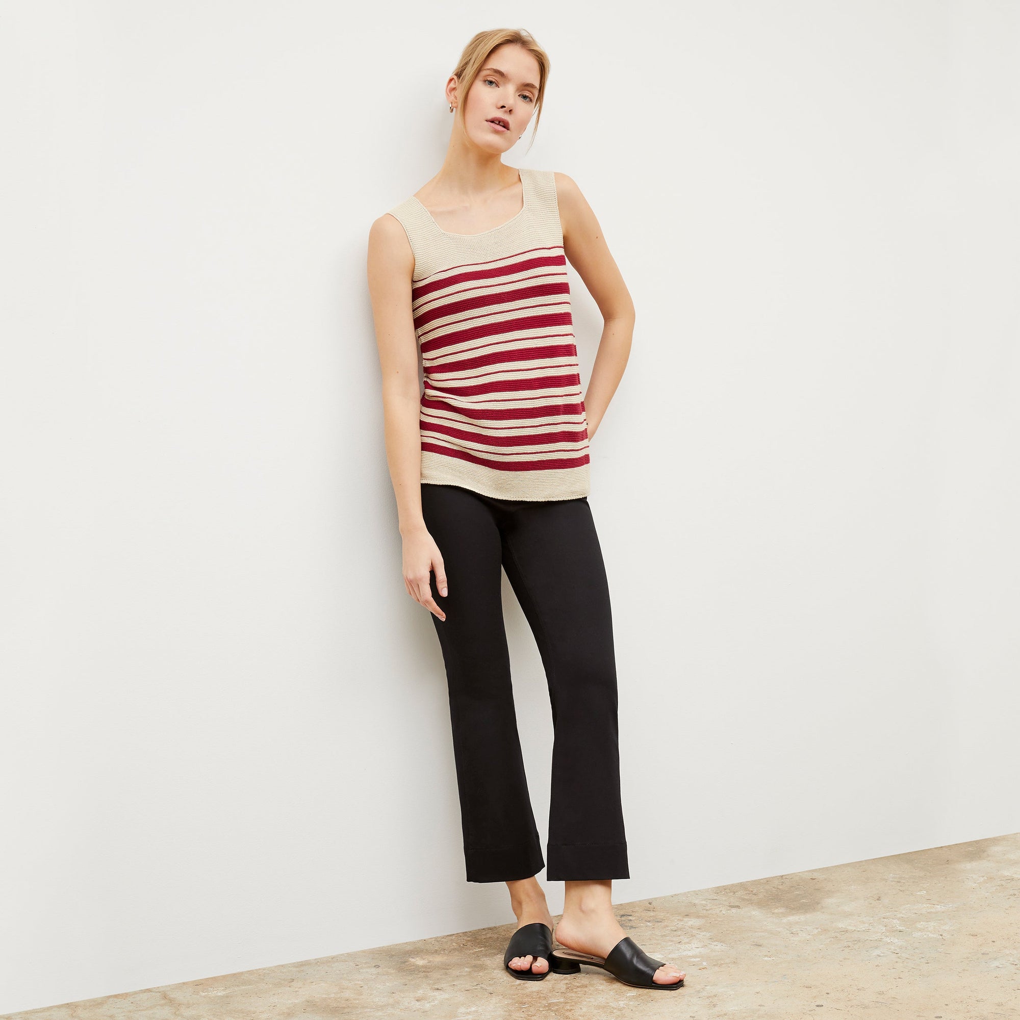 Image of a woman wearing the Adele Tank in Crimson / Ivory | Lead