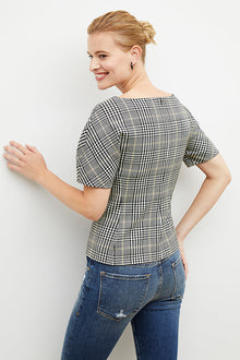 Back image of a woman wearing the eudora top in plaid sharkskin | Exclude