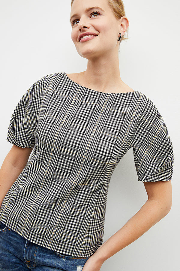 Front image of a woman wearing the eudora top in plaid sharkskin | Exclude | Grid Hover