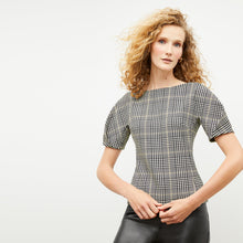 Front image of a woman wearing the eudora top in plaid sharkskin | Lead