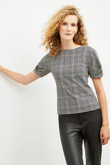 Front image of a woman wearing the eudora top in plaid sharkskin | Exclude | Grid
