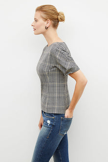 Front image of a woman wearing the eudora top in plaid sharkskin | Exclude