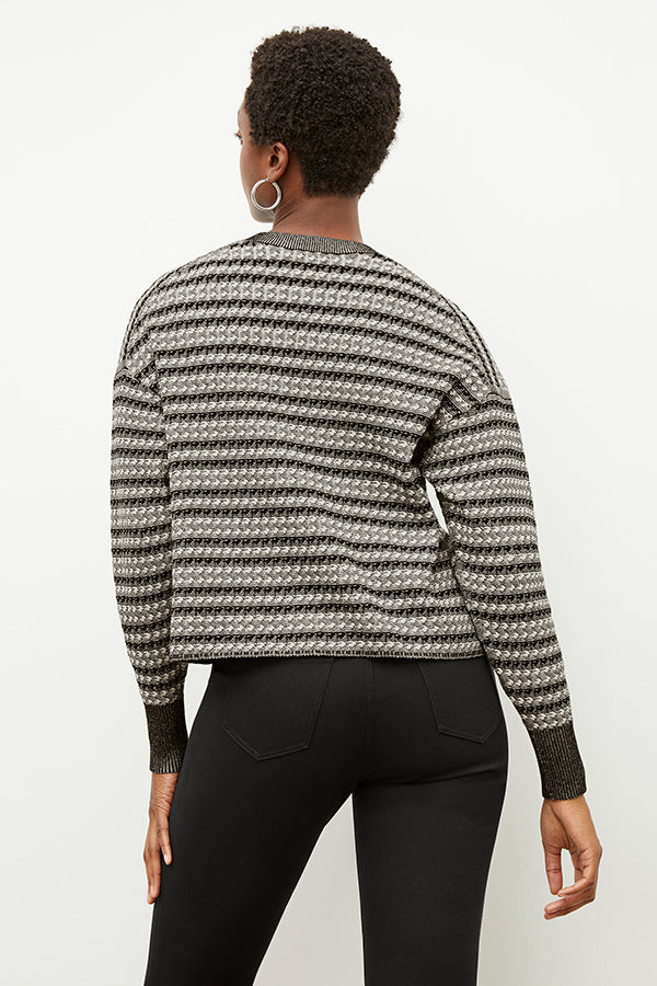 Back image of a woman wearing the tyler sweatshirt in black and white | Exclude