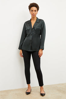 Image of a woman wearing the Alyssa Jacket in Hunter | Exclude