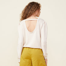 Back view of model wearing the supersoft fleece open back sweatshirt in off white.