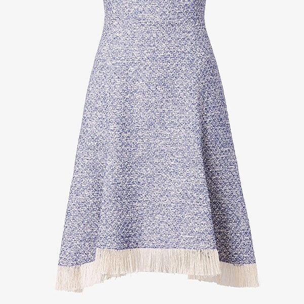 Packshot image of the lindsay dress in cotton boucle in lapis / ivory | Still | Exclude